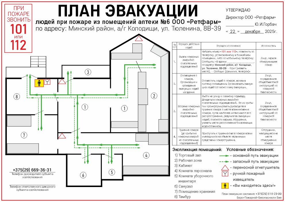 План эвакуации для аптеки ООО Ретфарм, аг. Колодищи План эвакуации при пожаре из помещений аптеки ООО Ретфарм в Колодищах