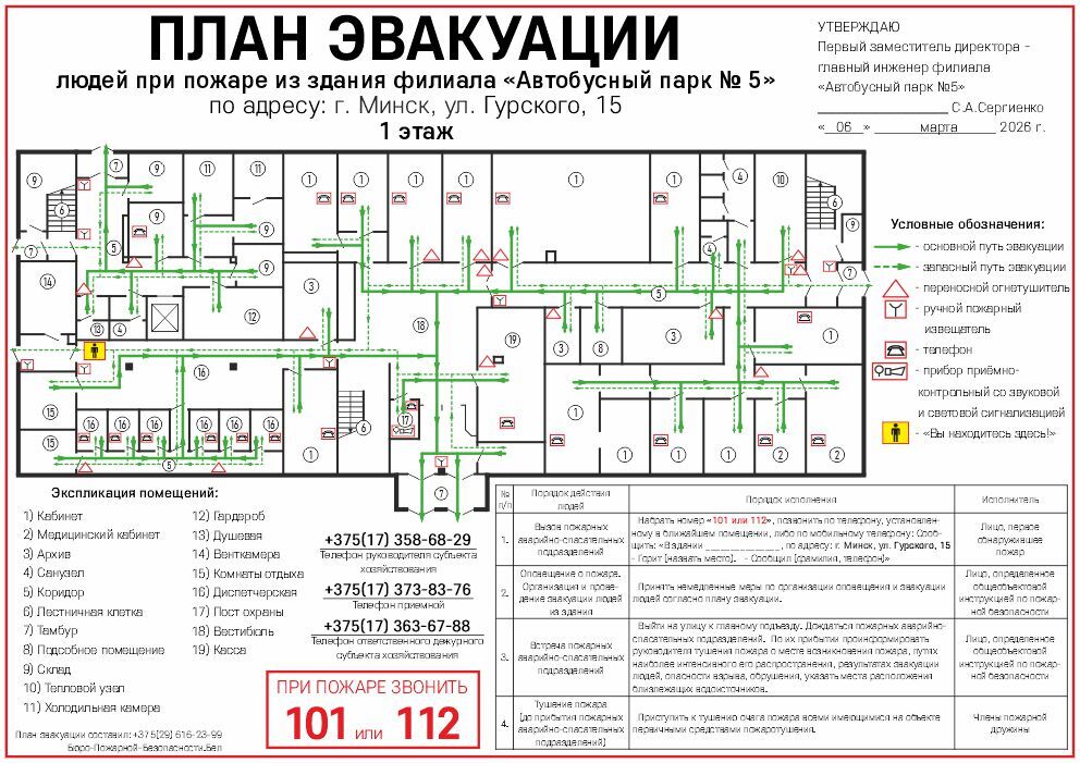План эвакуации - Автобусный парк № 5, Минск План эвакуации 1 этажа филиала Автобусный парк № 5 в Минске на улице Гурского