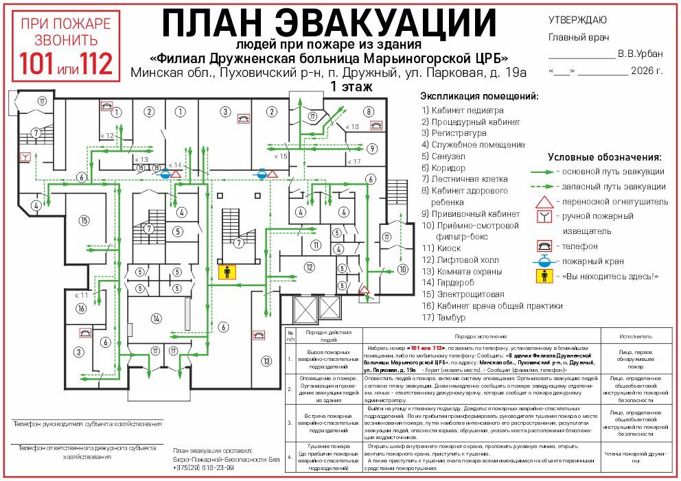План эвакуации - Дружненская больница Марьиногорской ЦРБ План эвакуации 1 этажа Дружненской больницы (филиал Марьиногорской ЦРБ) в поселке Дружный